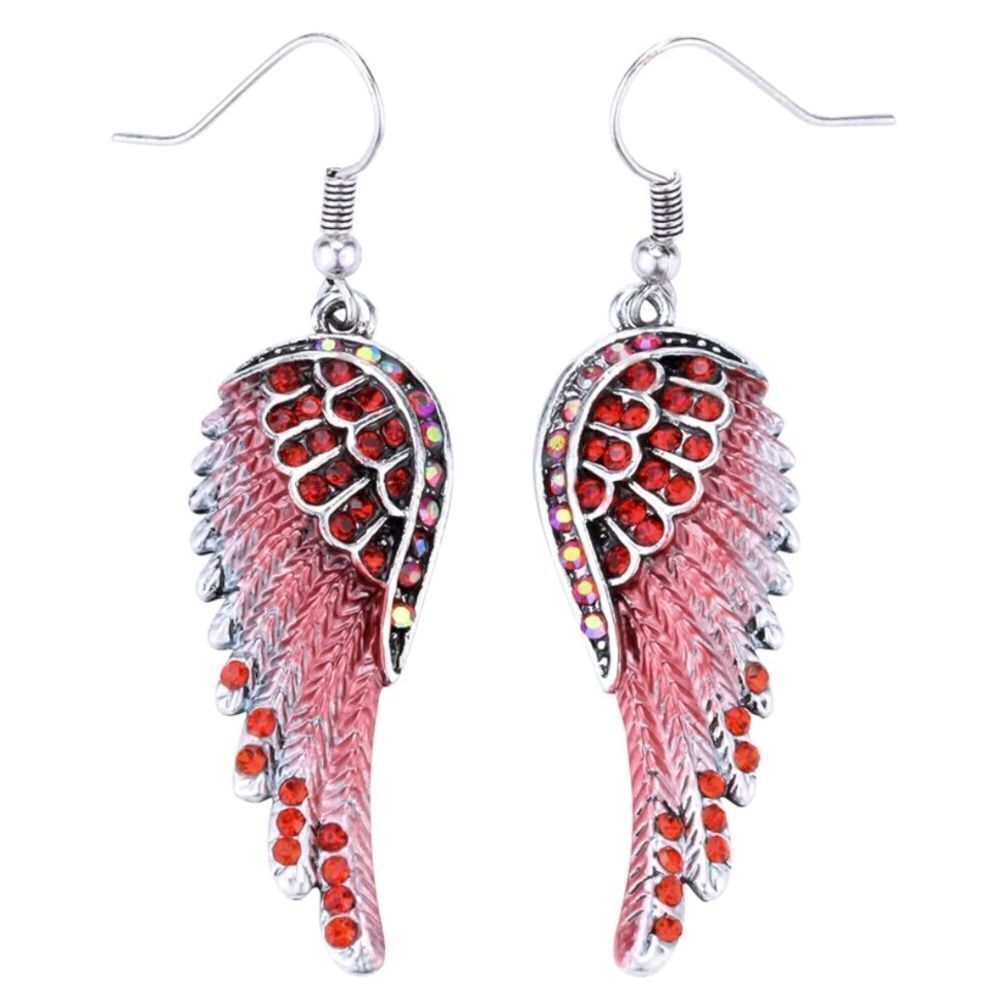 Silver with Ruby Red and AB Crystal Angel Wing Dangle Drop French Hook Earrings